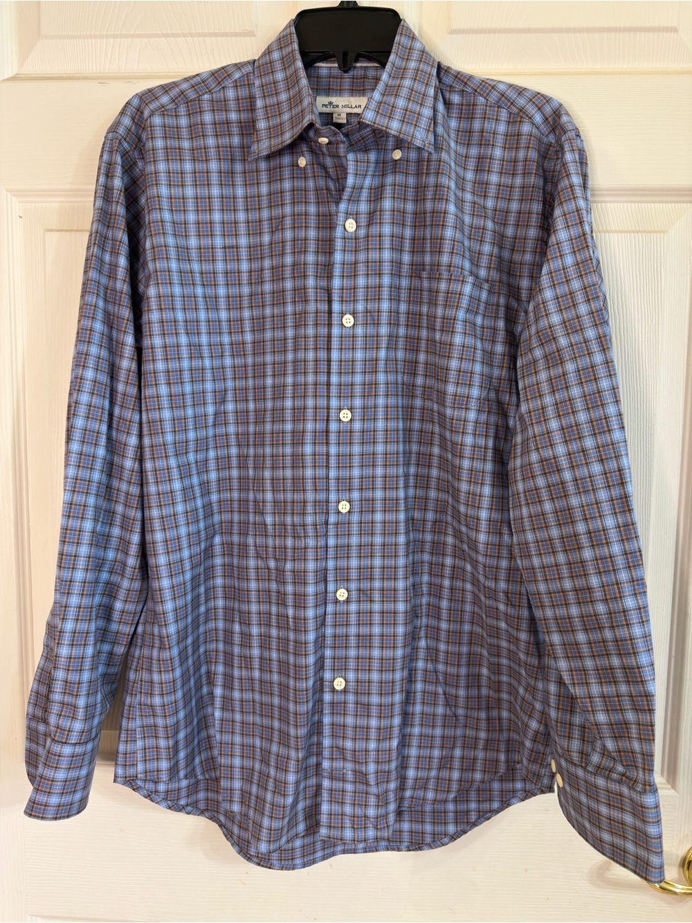 Peter Millar Button Down Dress Shirt Men's Long Sleeve Blue Check Size M EUC